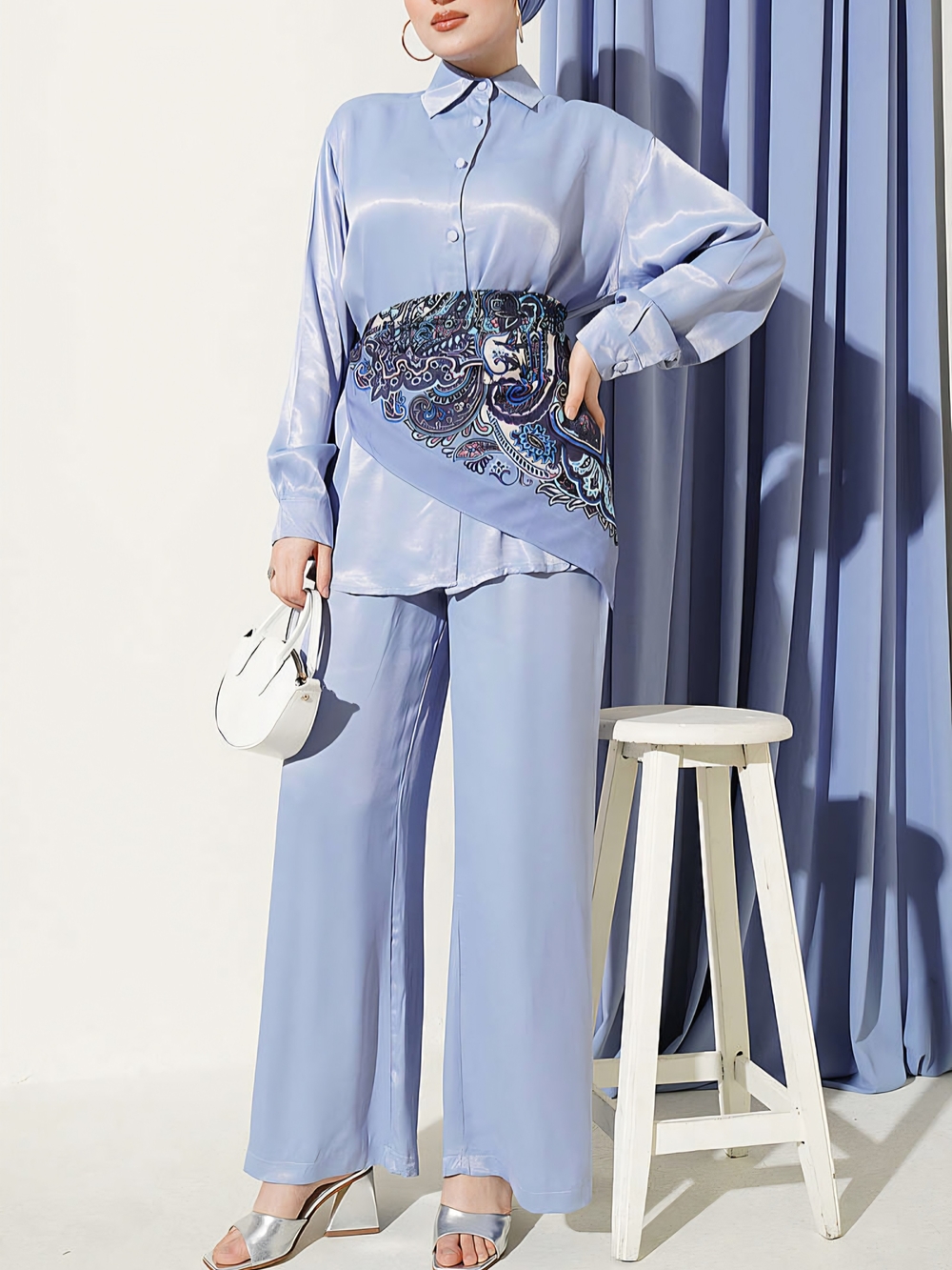 Modest Satin Two-Piece Set with Paisley Scarf Waist – Blue